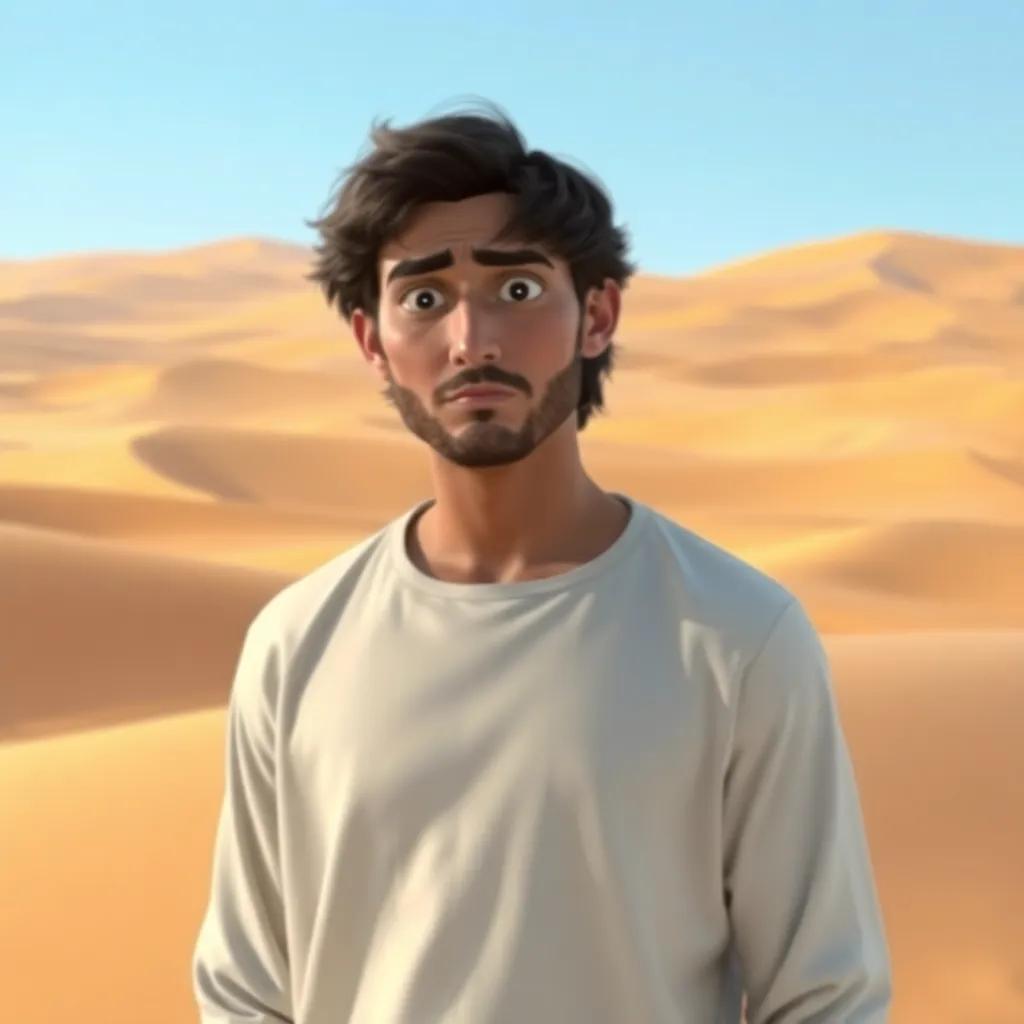 A man named Salim, with medium-length black hair, wearing a simple white tunic, standing in a vast desert with rolling sand dunes, looking puzzled, blue sky, digital art, warm colors, high quality, inviting atmosphere