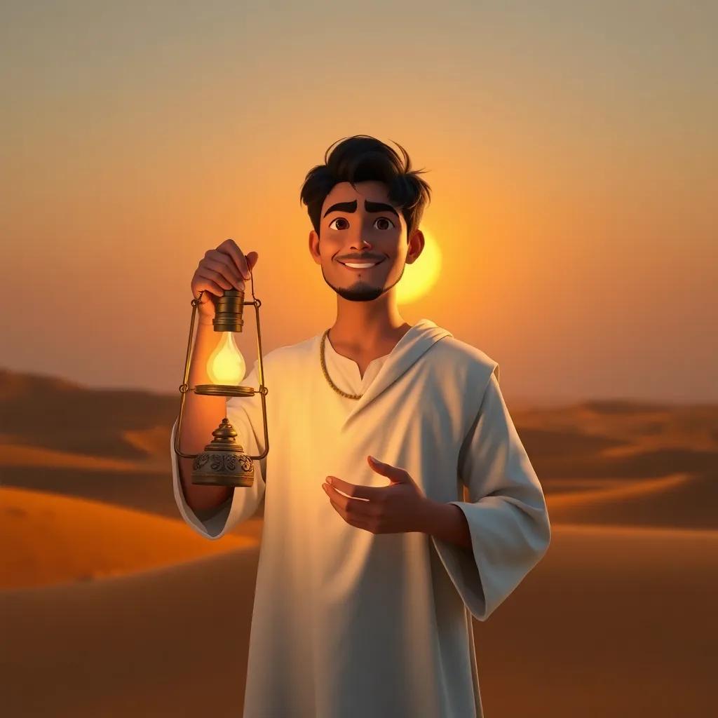 Salim, a man with medium-length black hair wearing a simple white tunic, holding a glowing ancient lantern in the desert at sunset, with golden sand dunes around him, magical light, cheerful and hopeful perspective, heartwarming