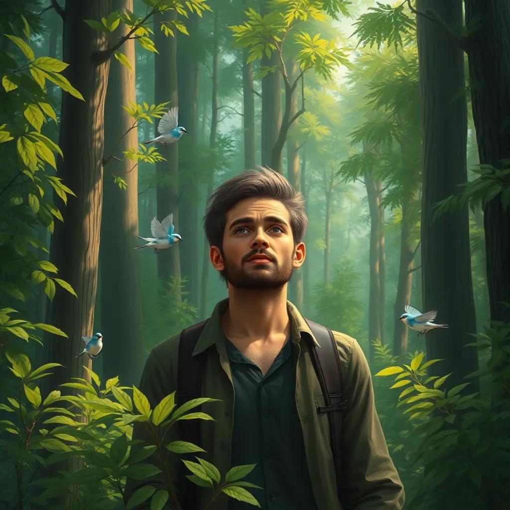 A lost man in the forest, looking worried, tall green trees and bright green leaves around him, birds around him chirping, digital art, vibrant colors, warm light, inviting atmosphere, high quality