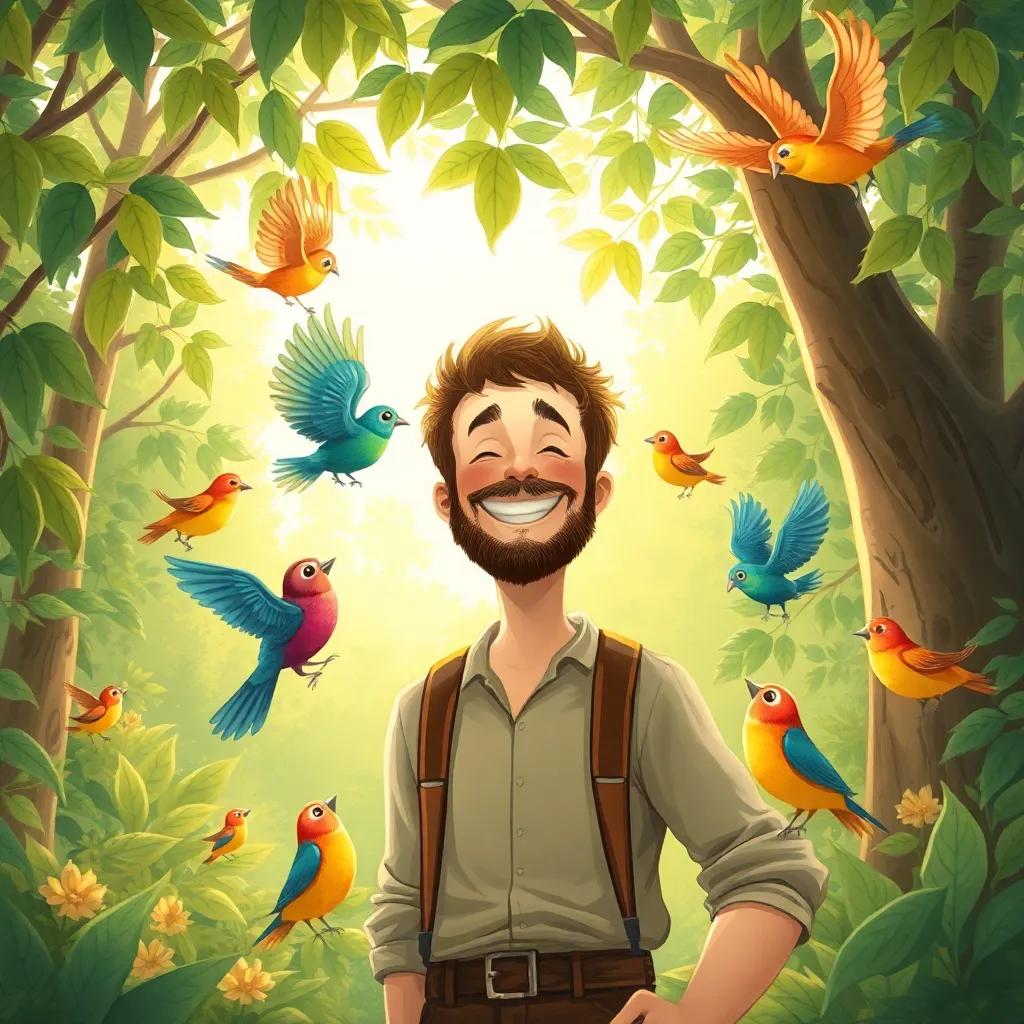 A happy man with birds around him in a sunny forest, sunlight shining through leaves, colorful birds dancing and singing, illustration, cheerful, adventure-themed, child-friendly