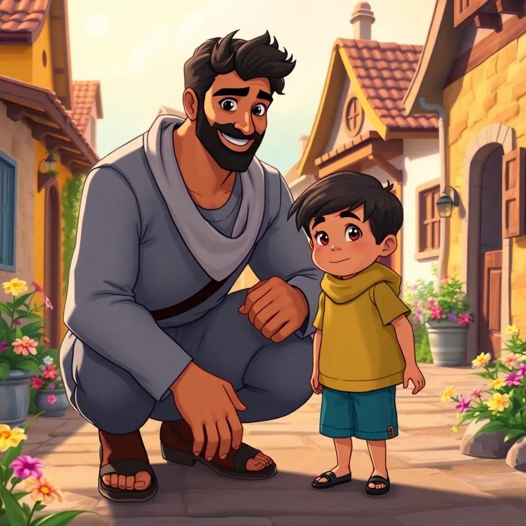 Karim, the handsome strong man, kneeling beside a little lost boy, with a friendly smile and reassuring eyes, in a quaint village setting, colorful houses and flowers around, illustration, warm light, engaging scene, high quality
