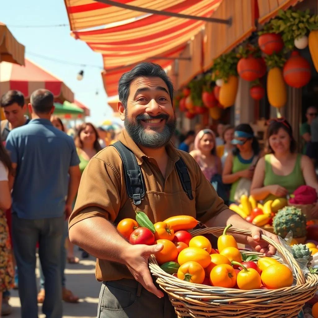 A honest man in a vibrant market with colorful fruits in a basket, friendly atmosphere, cheerful people gathered around him, bright sunny day, warm colors, lively scene, high quality