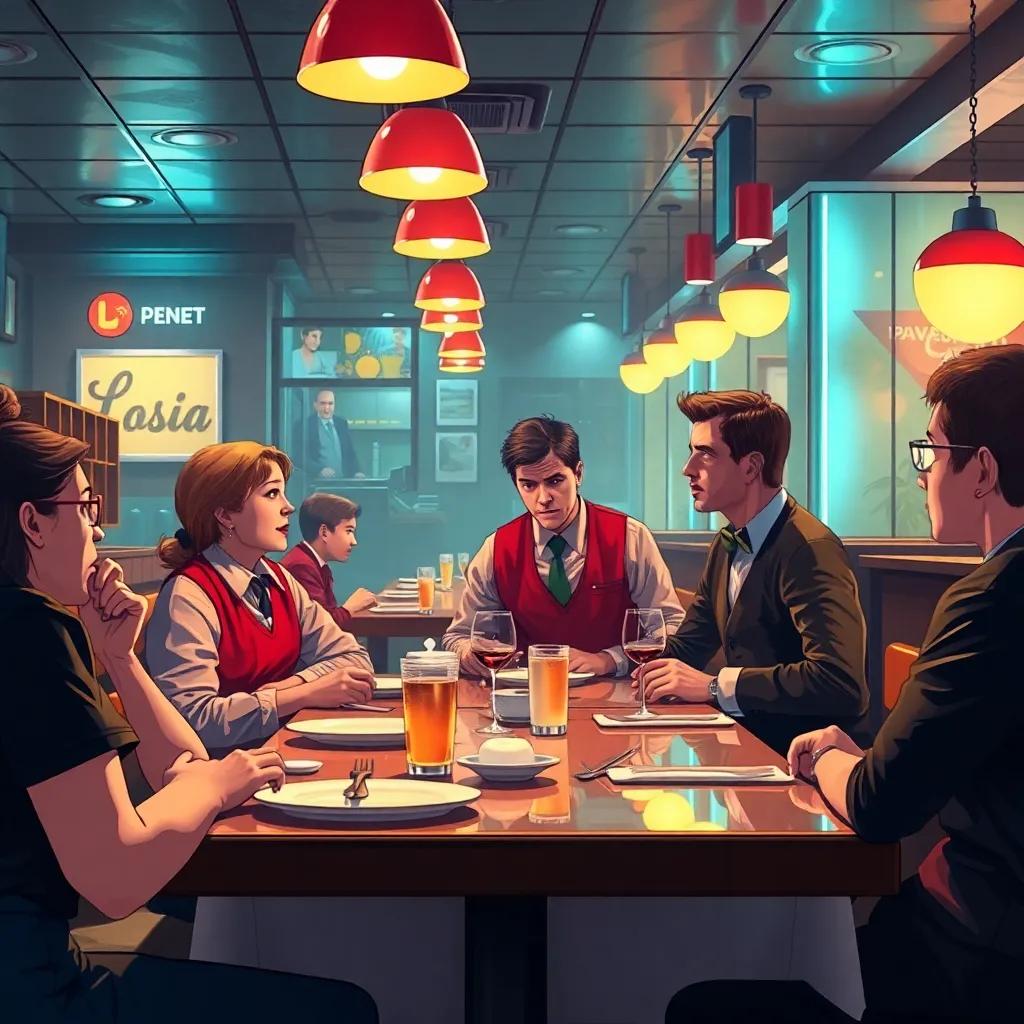 A bustling restaurant scene with the restaurant manager approaching the poor man, surprised expressions on waitstaff faces, detailed and vibrant atmosphere, inviting warmth, high quality