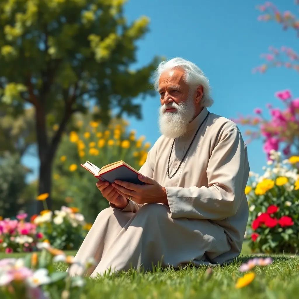 An old man named Aziz with white hair, wearing a traditional long thobe, sitting in a garden with colorful flowers and trees, reading a book, bright sunlight, cheerful atmosphere, clear blue sky, cheerful colors, high quality, digital art
