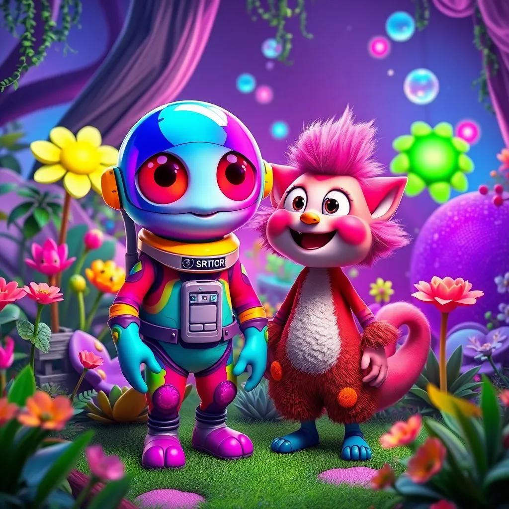 A space creature, colorful and friendly, standing next to Aziz in a magical garden, both smiling and looking excited for an adventure, vibrant colors, whimsical surroundings, imaginative scene, digital art, high quality