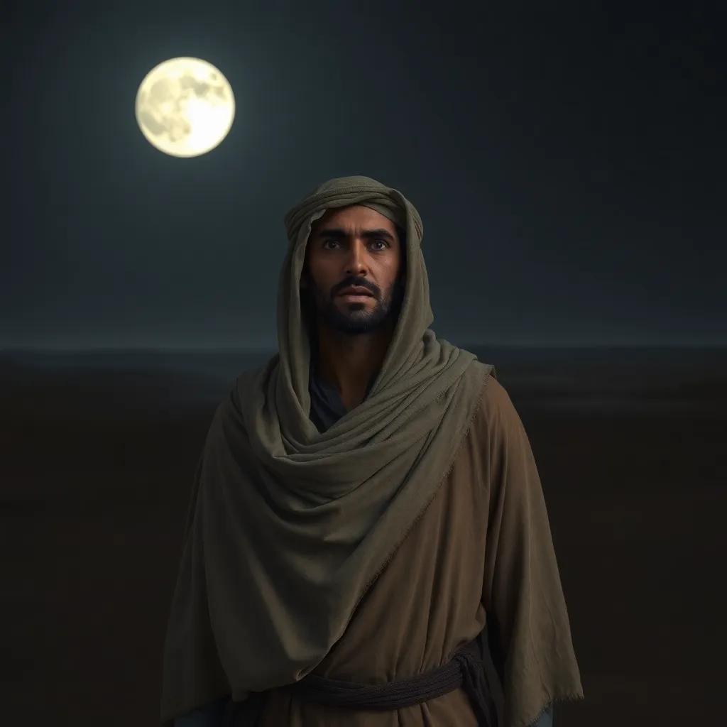 A man, a Middle-Eastern man, aged 30, wearing a tattered desert cloak, looking scared and alone in a vast, dark desert with a full moon shining, digital art, eerie yet captivating atmosphere, high detail, dramatic lighting