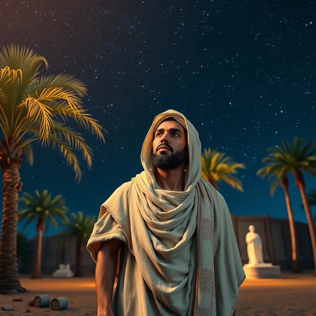 A Middle-Eastern man aged 30, wearing a tattered desert cloak, finding refuge in a small oasis with palm trees under a starry night sky, bright and inviting colors, heartwarming scene, high detail, soft glowing light