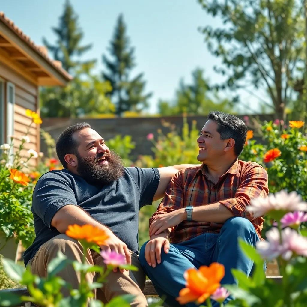 A strong man named Sami sitting in his garden, excitedly talking to his friend about going to China, bright sunny day, vibrant colors, cheerful atmosphere, digital art, high quality