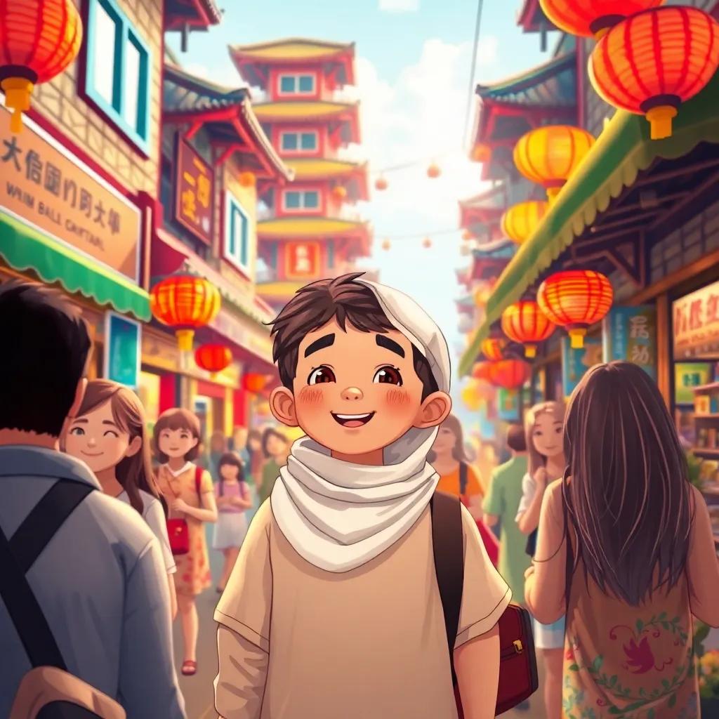Sami in a colorful Chinese city, surrounded by smiling people and vibrant market stalls, enjoying the sights and sounds, warm light, inviting atmosphere, illustration, child-friendly