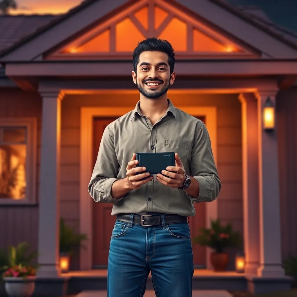 A cheerful man, Hussam, with short black hair, wearing a simple shirt and jeans, holding a lithium battery in his hands with a smile, standing at the entrance of a cozy house with outdoor lights, sunset, warm colors, inviting atmosphere, digital art, high quality