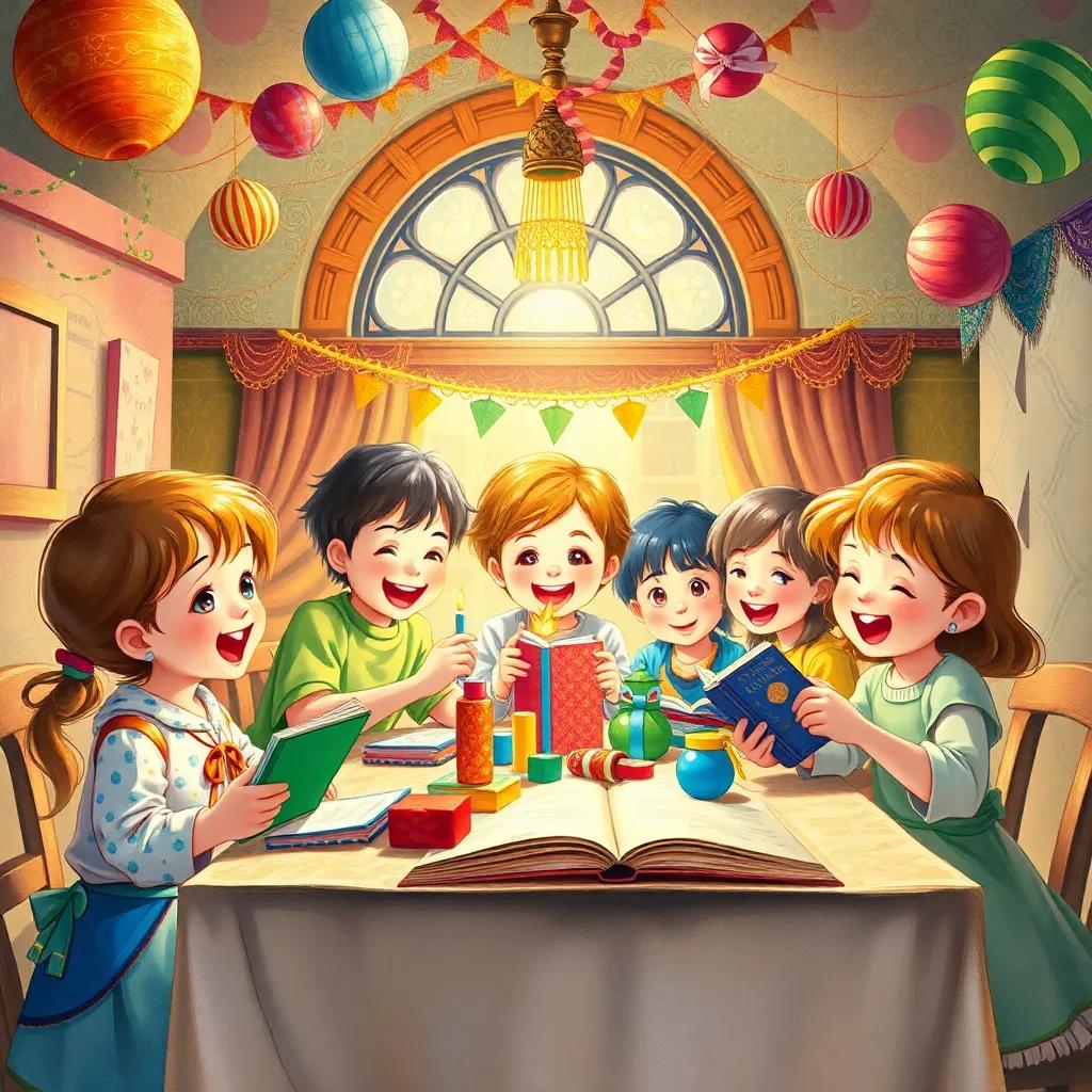 Children celebrating inside a brightly lit room with decorations, playing with toys and books on a table, smiling faces, colorful walls, joyful atmosphere, illustration, vibrant colors, fantasy setting, child-friendly