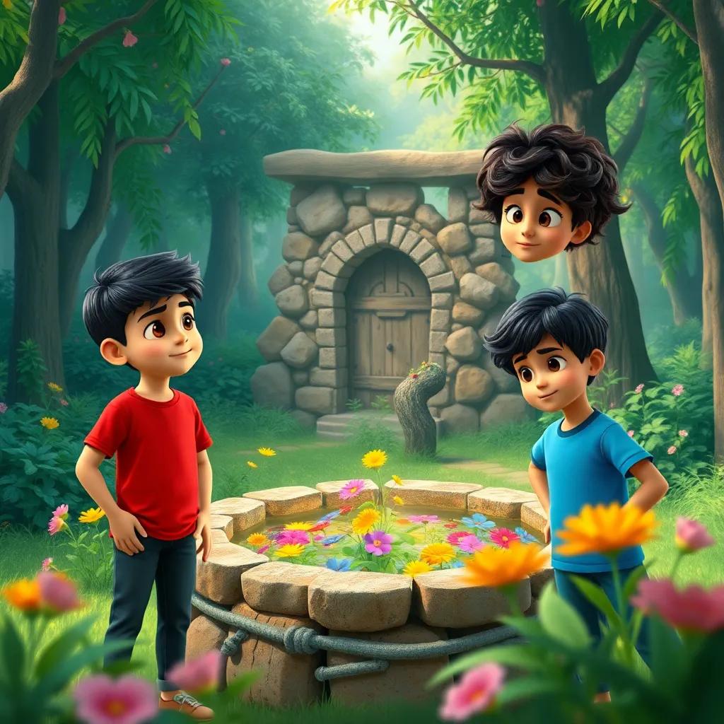 A group of three friends: a young Arab boy named Sami with short black hair, wearing a red t-shirt and jeans, a girl named Noura with long dark hair wearing a colorful abaya, and a boy named Ali with curly hair in a blue shirt, standing in a green forest looking at an ancient well filled with colorful flowers, digital art, vibrant colors, enchanting atmosphere, high quality