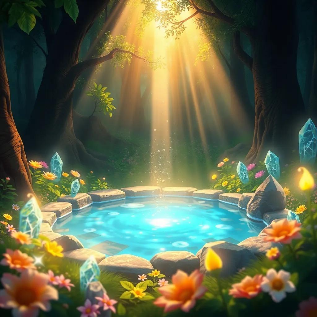 The magical well in the forest glowing softly, surrounded by bright flowers and sparkling crystals, with rays of sunlight shining down, digital painting, warm colors, magical lights, focused view, high quality