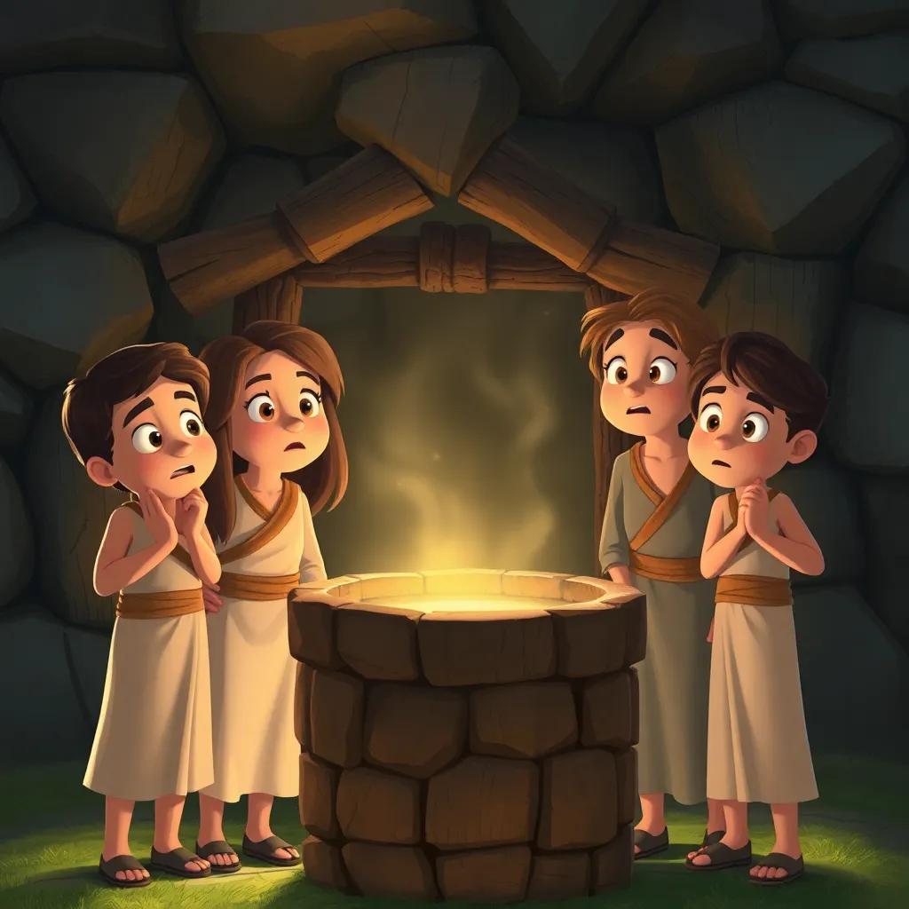 The three friends standing close to the well, with surprised expressions, as a mysterious glow shines from within the well, digital art, detailed, engaging, child-friendly, impressive