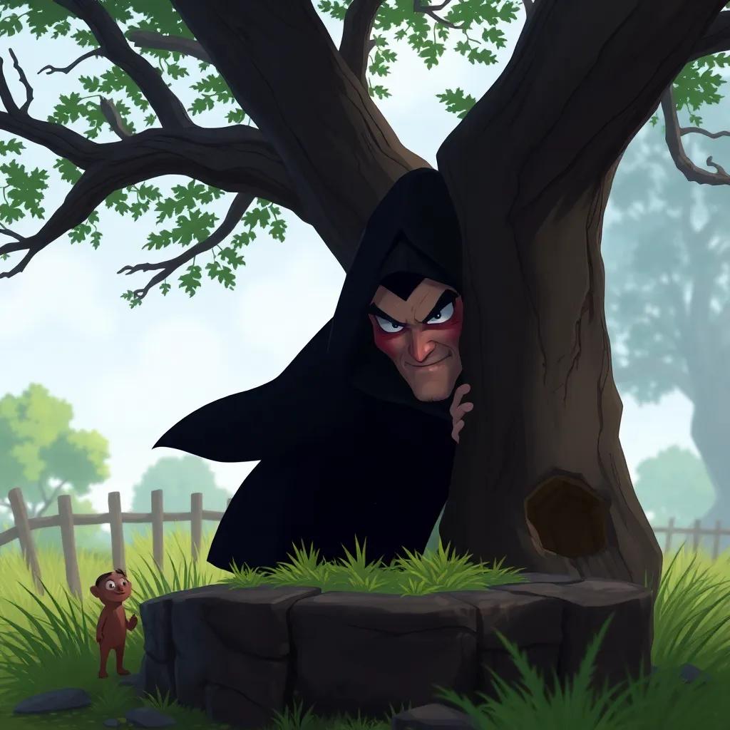 An evil man with a dark cloak peering from behind a tree, watching the friends near the well with a sneaky expression, digital art, dark colors, ominous yet child-safe, engaging perspective