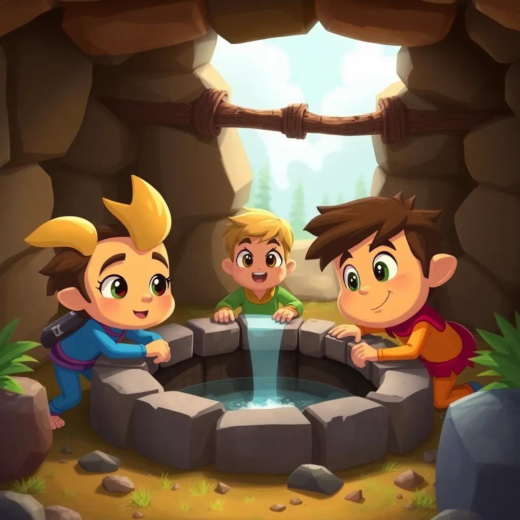 The friends setting traps and creating defenses around the well, working together with determination in their eyes, bright colors, teamwork atmosphere, high quality, child-friendly
