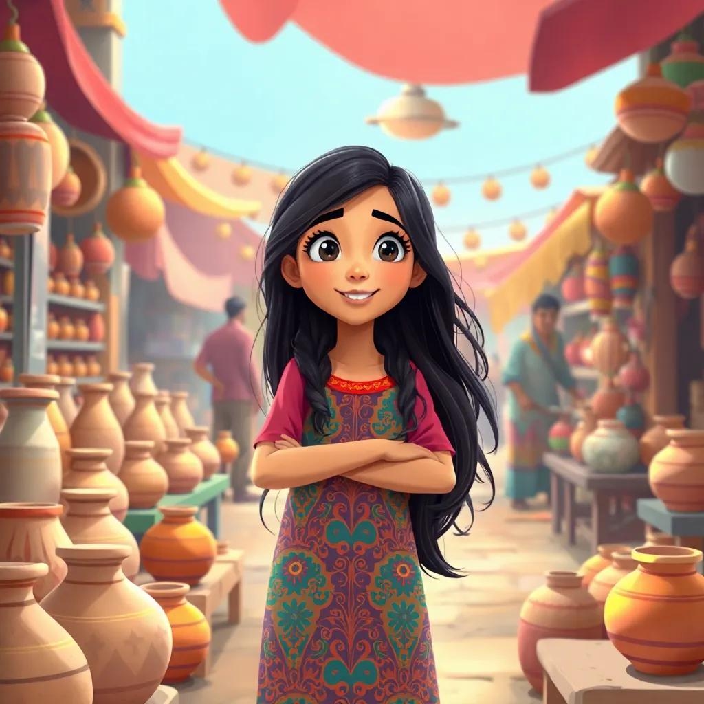 Mariam, a young Arab girl with long, dark hair, wearing a colorful dress, watching artisans making pottery in a busy market, vibrant illustration, cheerful, engaging scene, child-friendly