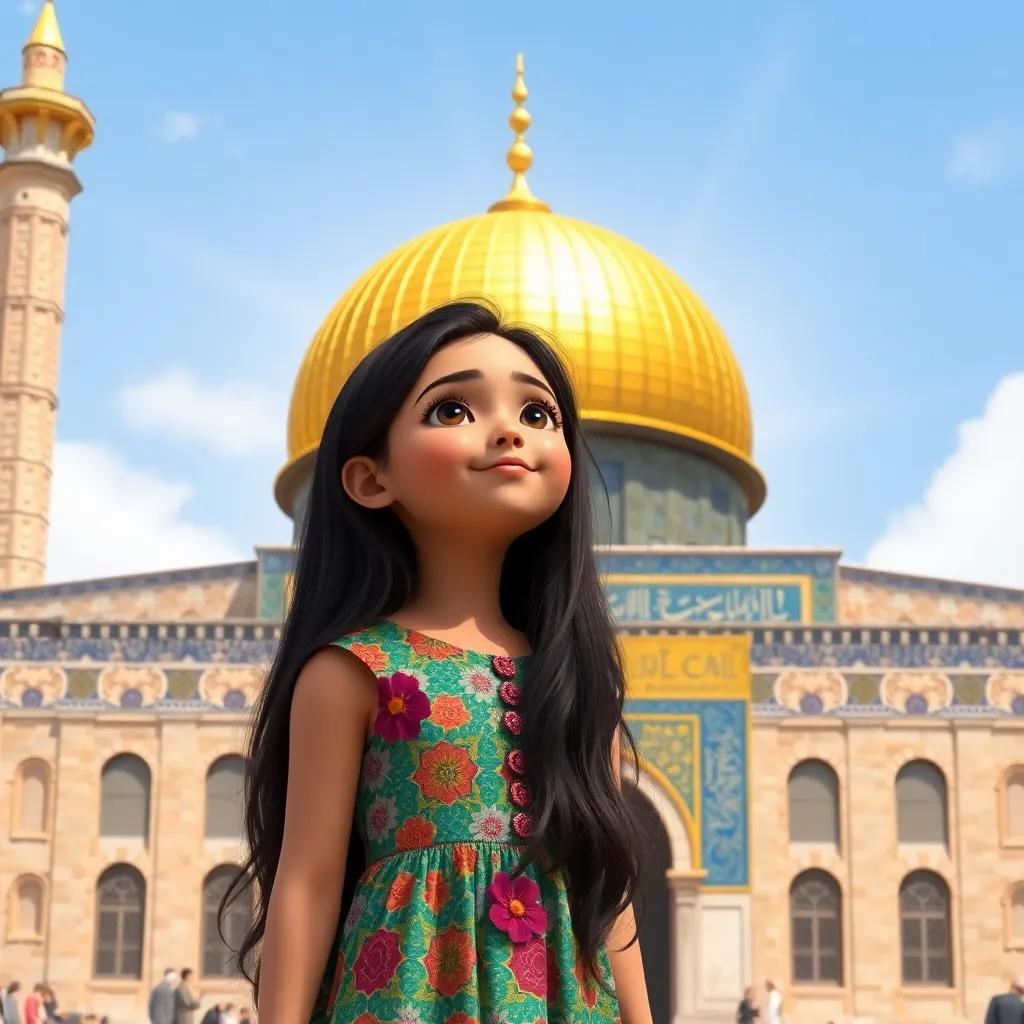 Mariam, a young Arab girl with long, dark hair, wearing a colorful dress, standing amazed in front of the Golden Dome of the Al-Aqsa Mosque, radiant sunlight, stunning, intricate architecture, detailed digital art, uplifting