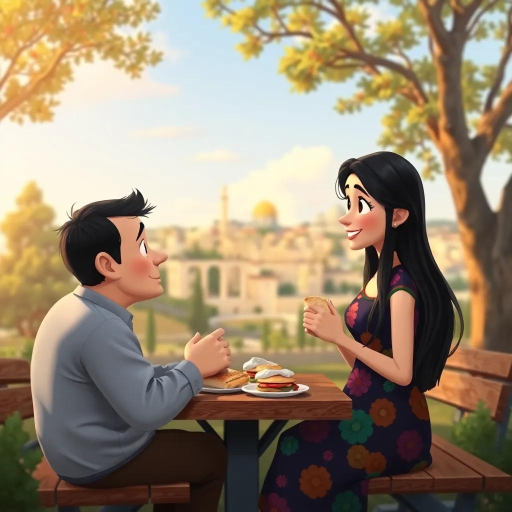 Mariam, a young Arab girl with long, dark hair wearing a colorful dress, sitting in a park with her father, enjoying sandwiches together with a beautiful view of Jerusalem, cozy atmosphere, friendly colors, heartwarming