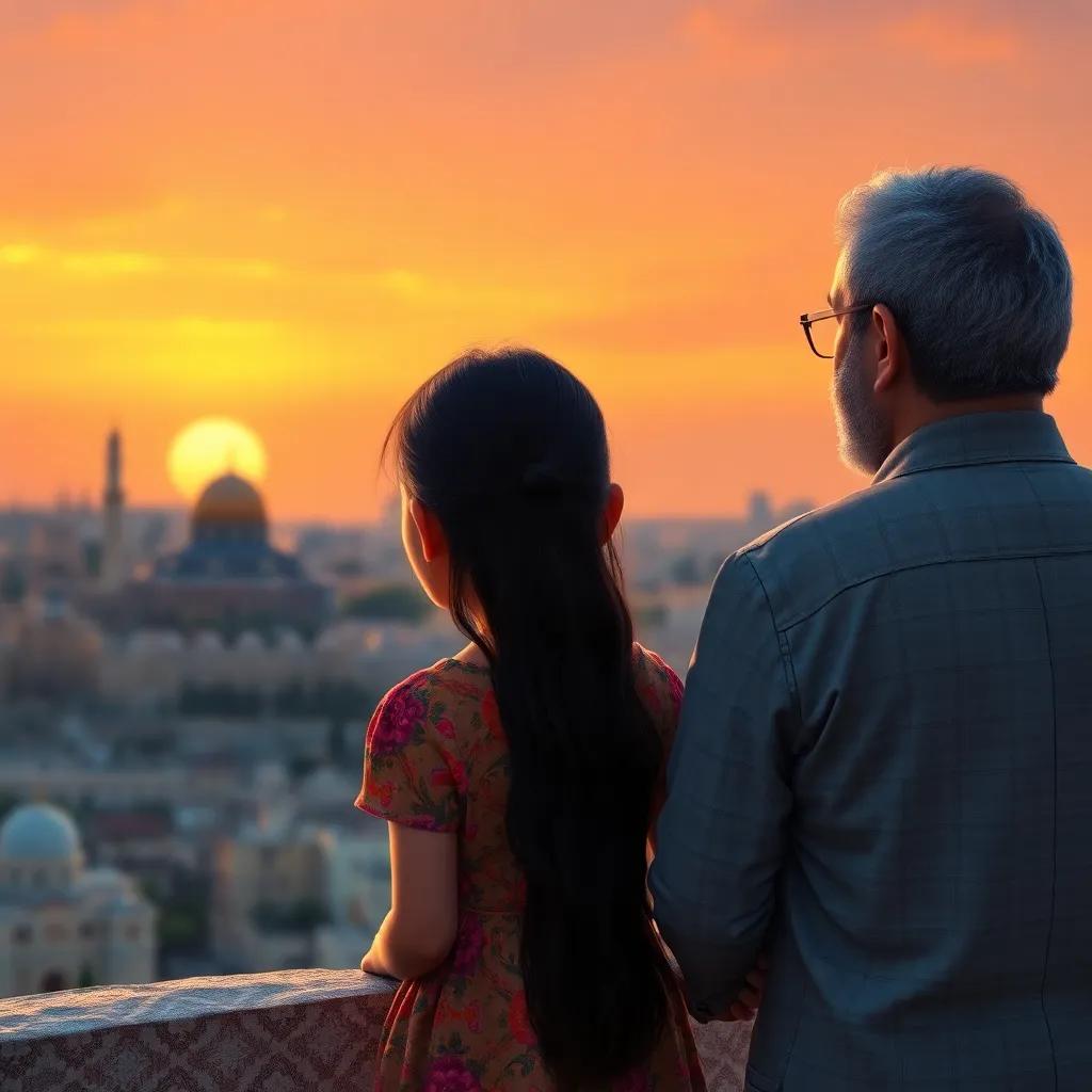 Mariam, a young Arab girl with long, dark hair wearing a colorful dress, watching the sunset over Jerusalem with her father, warm tones in the sky, a sense of peace and family bonding, magical moment, high quality