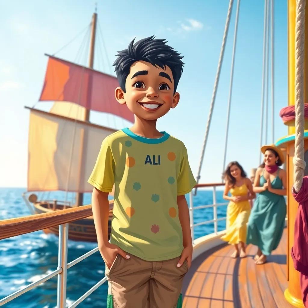 A cheerful boy named Ali, a young Arab boy, with short black hair, wearing a colorful t-shirt and shorts, standing on the deck of a large ship with colorful sails, with friends laughing and enjoying the sunny sea, vibrant colors, playful atmosphere, detailed digital art