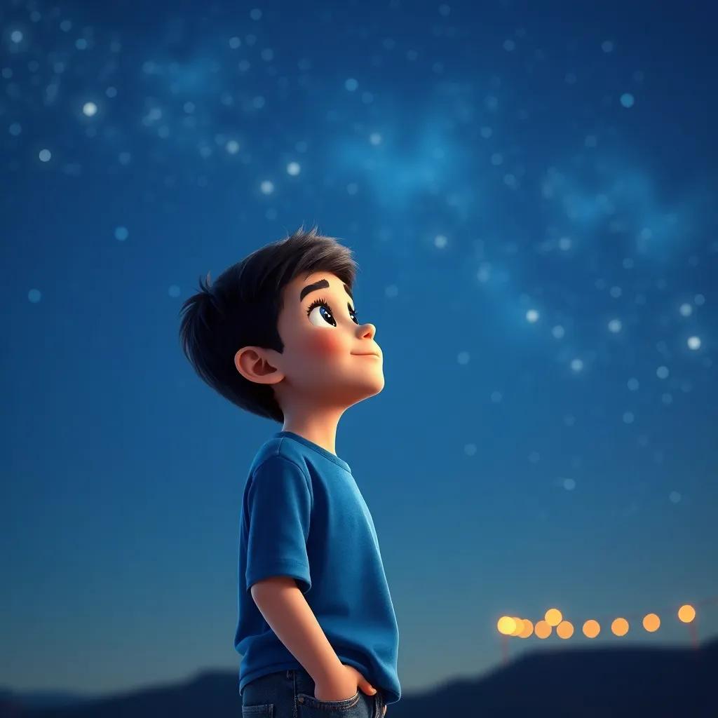 A young Arab boy, Walid, with short dark hair, wearing a blue t-shirt and jeans, standing outside at night looking up at a sparkling starry sky, digital art, vibrant colors, enchanting atmosphere, high quality