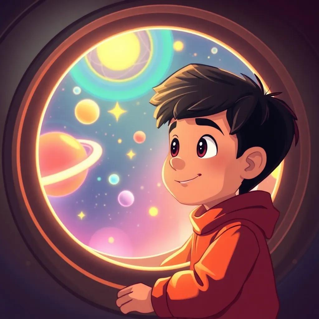 Walid, a young Arab boy with short dark hair, inside a glowing, colorful spaceship, looking out at swirling stars and planets through a large window, cheerful, whimsical style, child-friendly, high quality