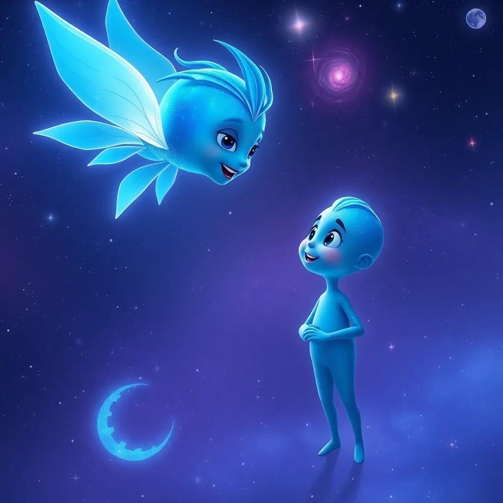 A blue celestial being named Lame’a, with a shimmering body and friendly expression, speaking to Walid in the vastness of space with stars and galaxies swirling around them, imaginative art, bright colors, magical atmosphere