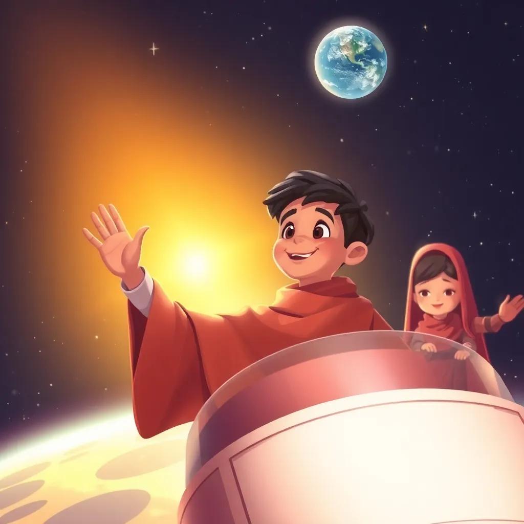 Walid, a young Arab boy with short dark hair, waving goodbye to Zahra and Lame’a from his spaceship as it flies towards Earth, starry background, heartwarming scene, warm colors, uplifting imagery