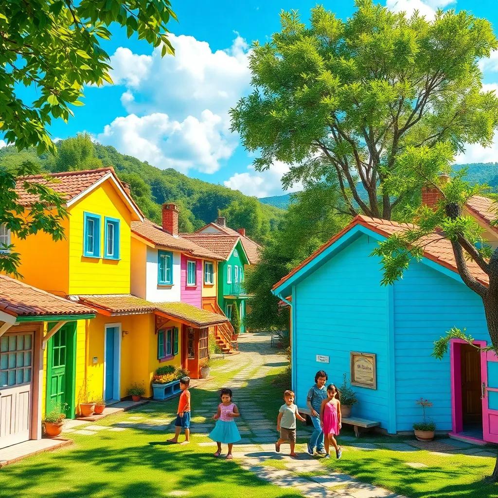 A small village with colorful houses, children playing, and trees, sunny day, welcoming atmosphere, bright colors, lush greenery, cheerful mood, high quality