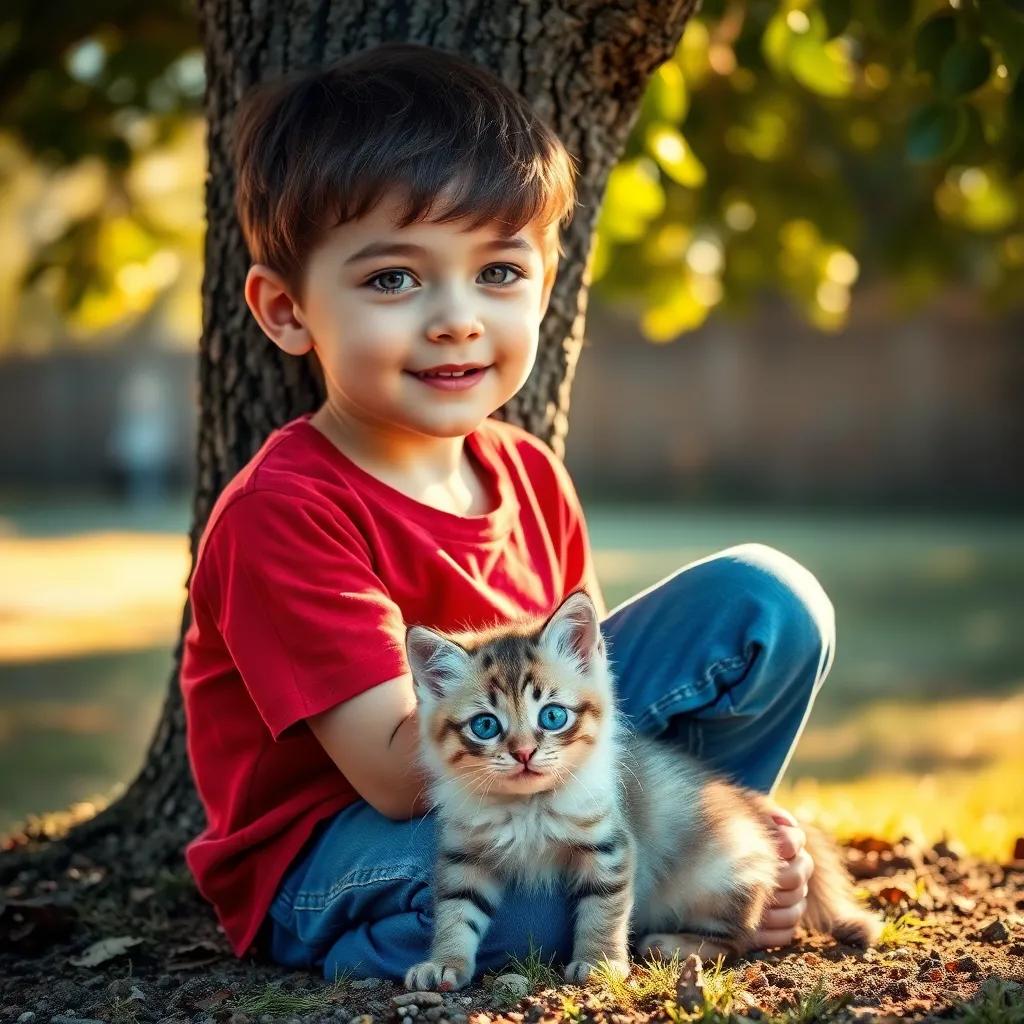 A young boy, Sami, with short brown hair, wearing a red t-shirt and blue jeans, kneeling beside a small, fluffy cat with a pink nose and blue eyes under a tree, warm sunlight, peaceful setting, friendly, high quality