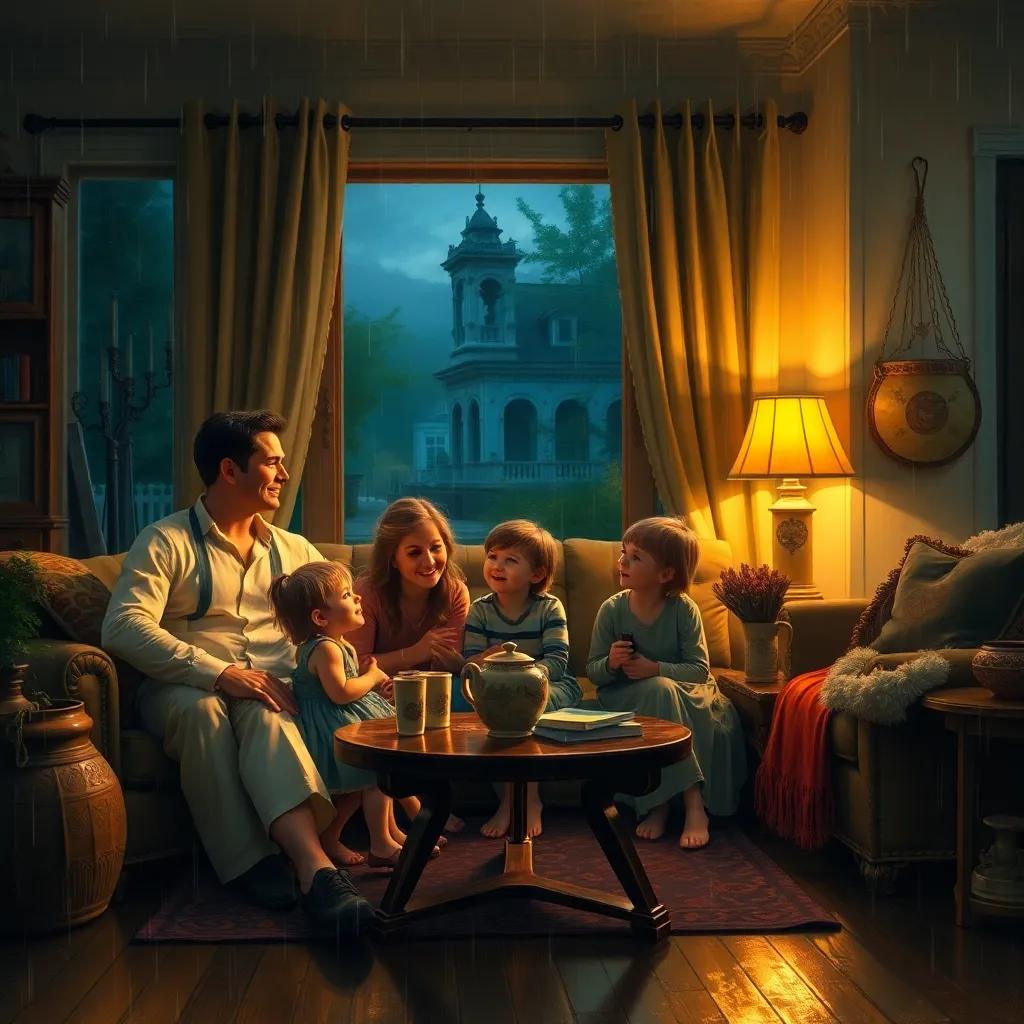 A family gathered in a cozy living room during a rainy night, with the father, mother, and three children talking happily together, warm light, inviting atmosphere, detailed digital art