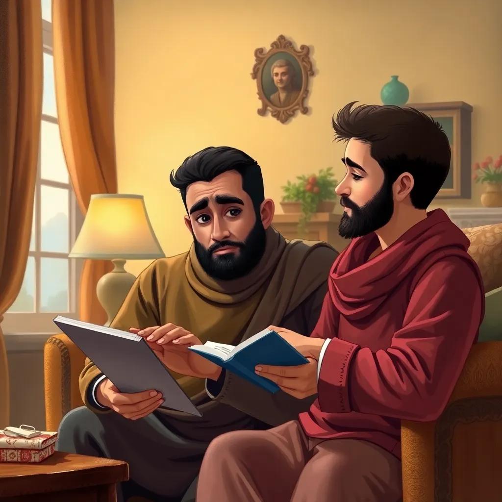 A thoughtful father, Salem, explaining something important to his son, Ahmad, both focused and engaged, with a cozy living room background, warm colors, soft lighting, child-friendly illustration
