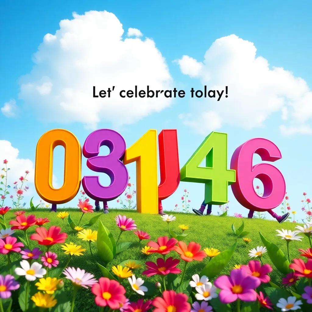 A colorful garden with numbers from 0 to 10 dancing happily together, with number 1 in front saying 'Let's celebrate today!', vibrant flowers and a blue sky, cheerful atmosphere, digital art, bright colors, high quality