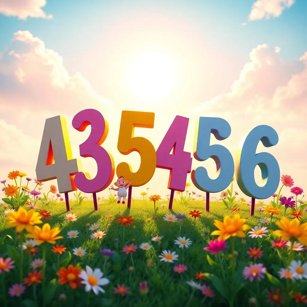 Numbers from 0 to 10 dancing joyfully under the sun, with number 4 twirling, number 5 jumping in the air, and number 6 singing loudly, lots of flowers blooming around, happy and warm ambiance, colorful, lively scene, high resolution