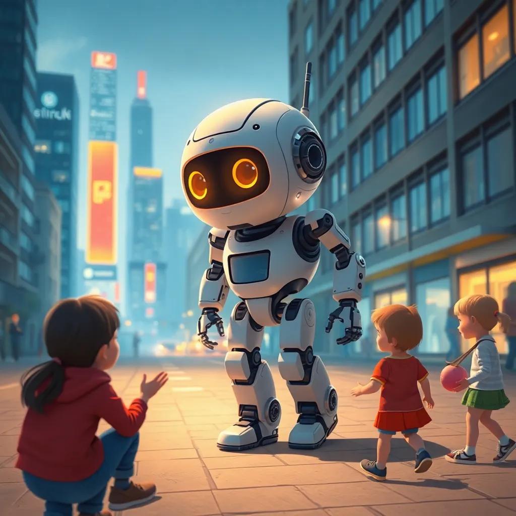 The robot decides to go out on a journey. As it walks through the city, it sees children playing and women talking to each other. It thinks to itself: "I want to talk and play with them!" but how? It tries to understand their feelings and thoughts. It starts experimenting with this. It adds a cheerful sound to its device and goes to play with the children.