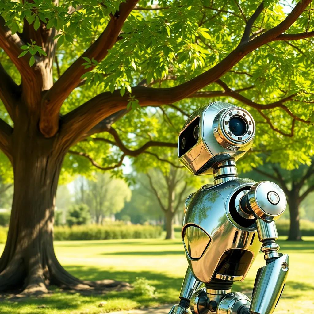 A robot, made of shiny metal, looking curiously at a large tree with green leaves and strong branches in a sunny park, vibrant colors, cheerful scene, playful atmosphere, digital art