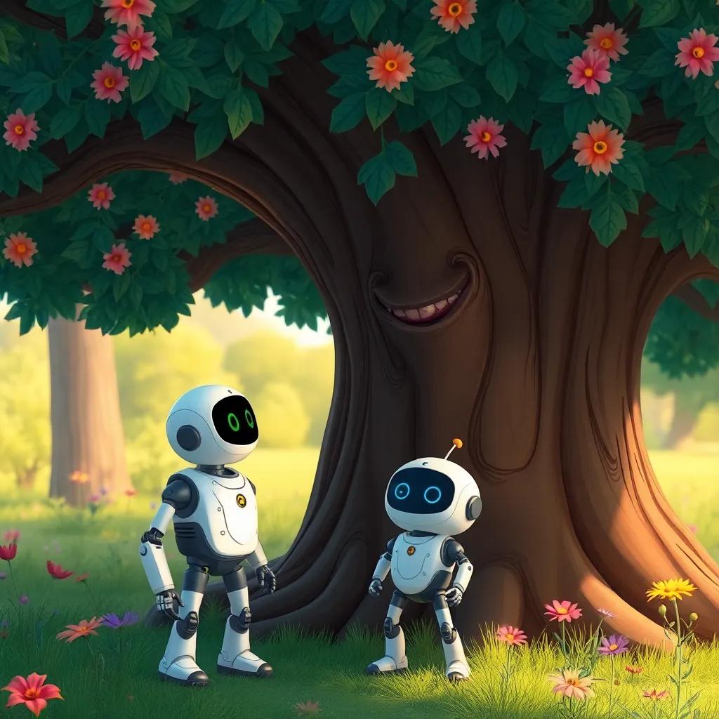 The robot, standing beside the large tree, talking to it with a smile, the tree has colorful flowers and a friendly expression, inviting ambiance, illustrative style