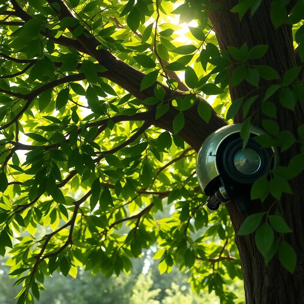 A close-up of the tree with lush green leaves, whispering wise words to the robot, sunlight filtering through the branches, warm and inviting, magical realism