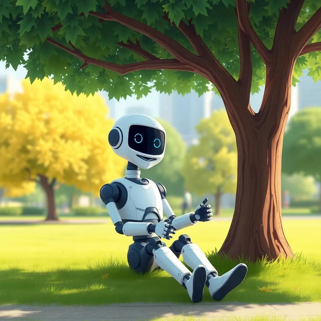 The robot sitting under the tree, feeling relaxed and happy, the tree casting a comforting shade over him, a peaceful park scene, bright colors, child-friendly art