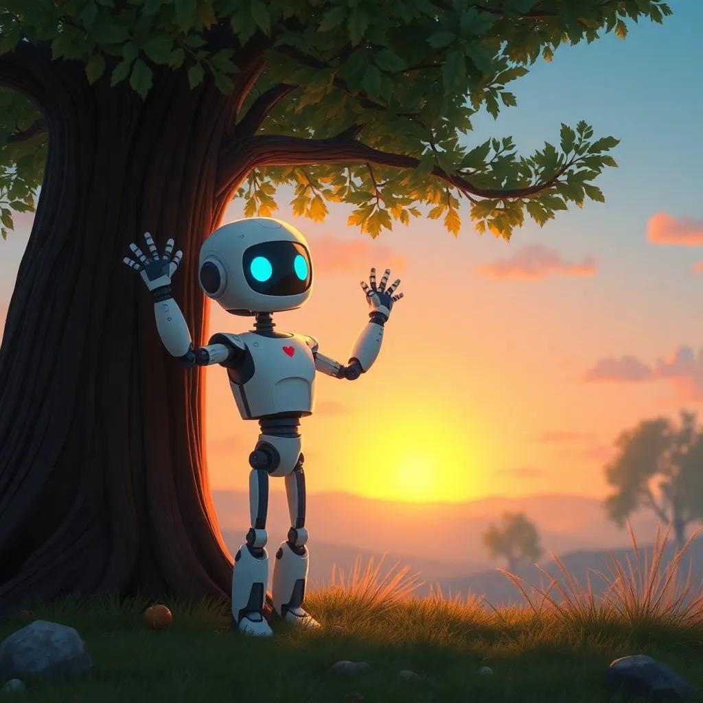 The robot joyfully visiting the tree, with a sunset background, exploring a balance between work and relaxation, heartwarming vibes, dreamy atmosphere, fantasy illustration.