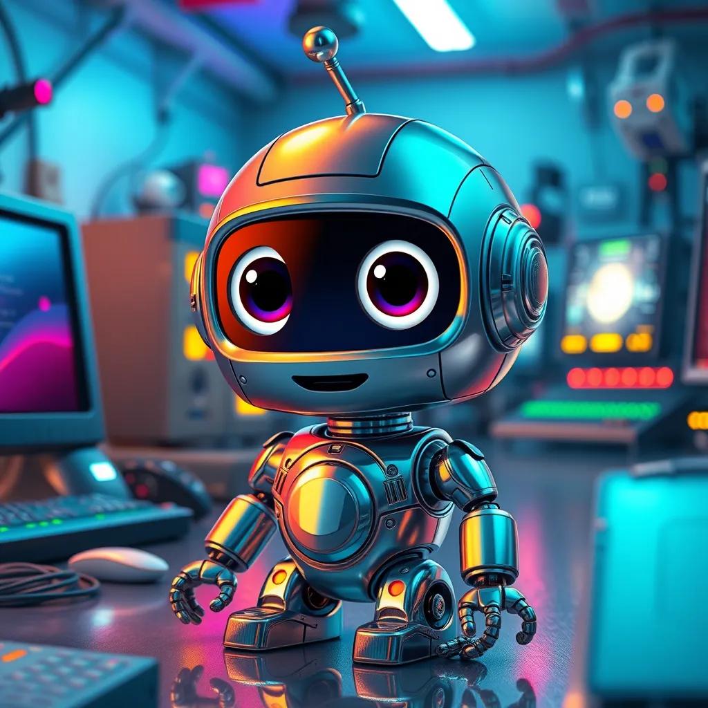 A small friendly robot named Bob, with shiny metal body and big eyes, exploring a room filled with computers and colorful lights, digital art, bright colors, cheerful atmosphere, high quality