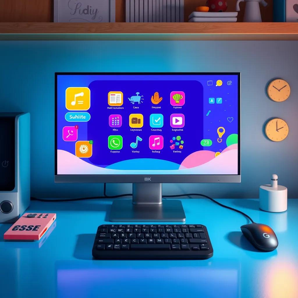A modern computer setup with a monitor, keyboard, and mouse, showing interactive elements and bright icons on the screen, illustration, vibrant colors, educational theme, child-friendly