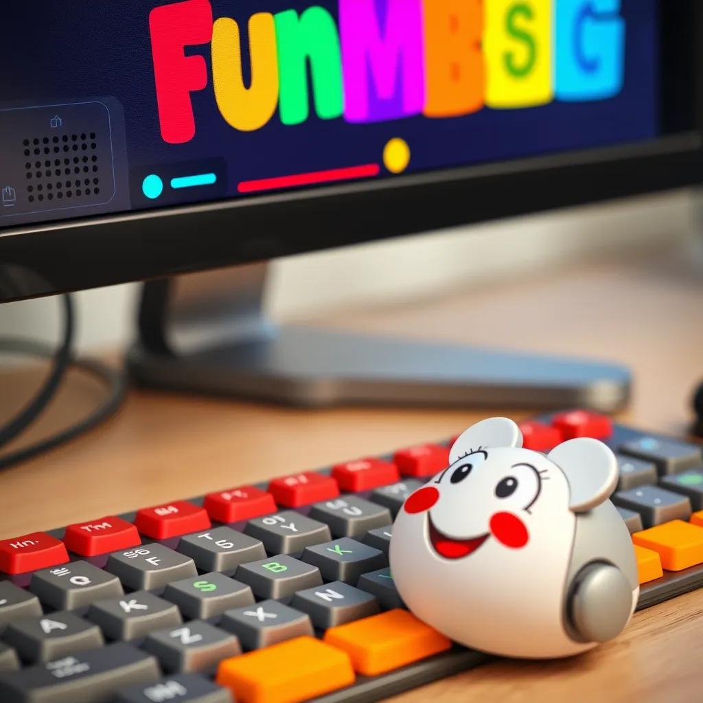 A close-up of the monitor displaying fun graphics, keyboard with colorful keys, and a mouse with a happy face, playful design, cartoon style, engaging for children