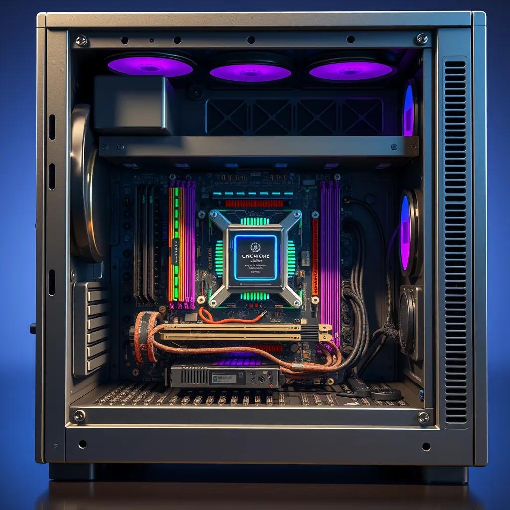 A large computer case being opened, revealing colorful circuit boards, a processor, and memory chips, detailed view, technology theme, informative and fun