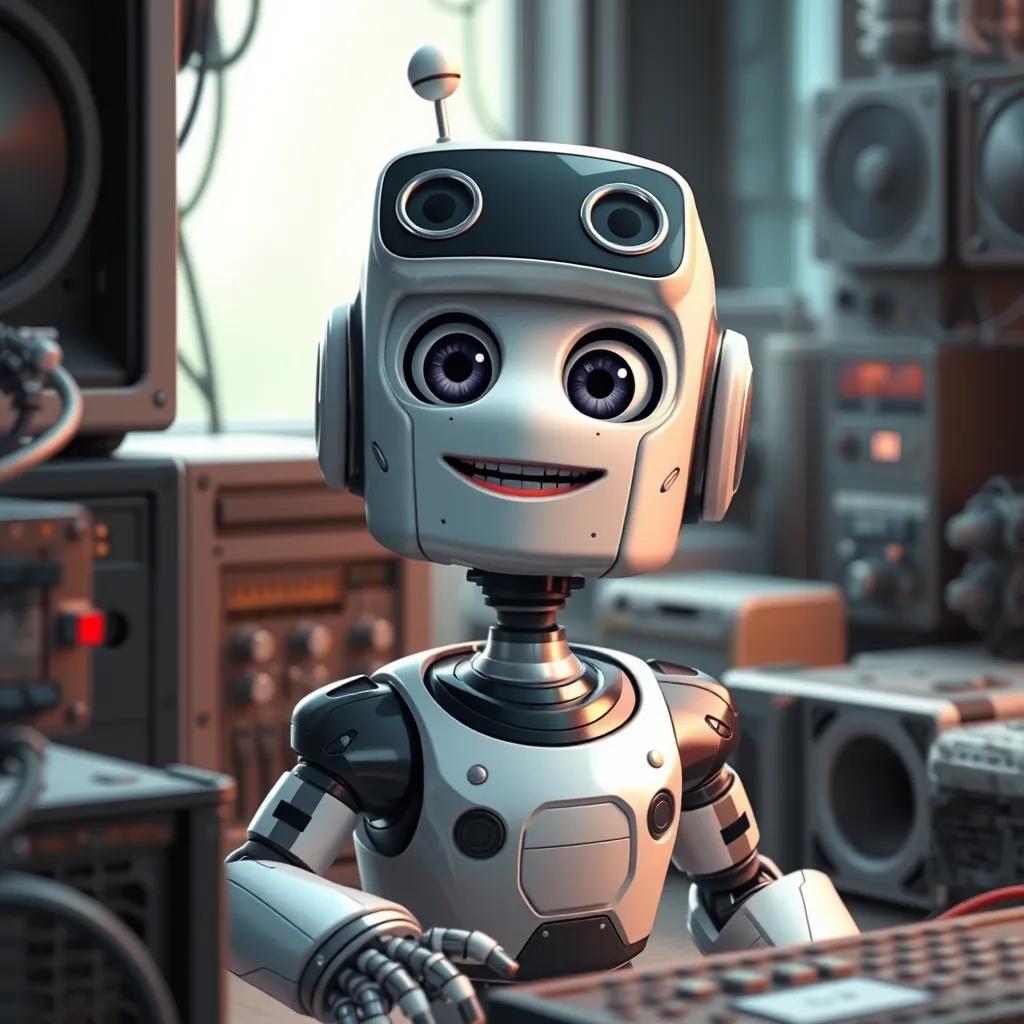 Bob the robot looking excited and curious, surrounded by all the computer parts, smiling with wonder and eagerness to learn, bright and inviting setting, heartwarming scene
