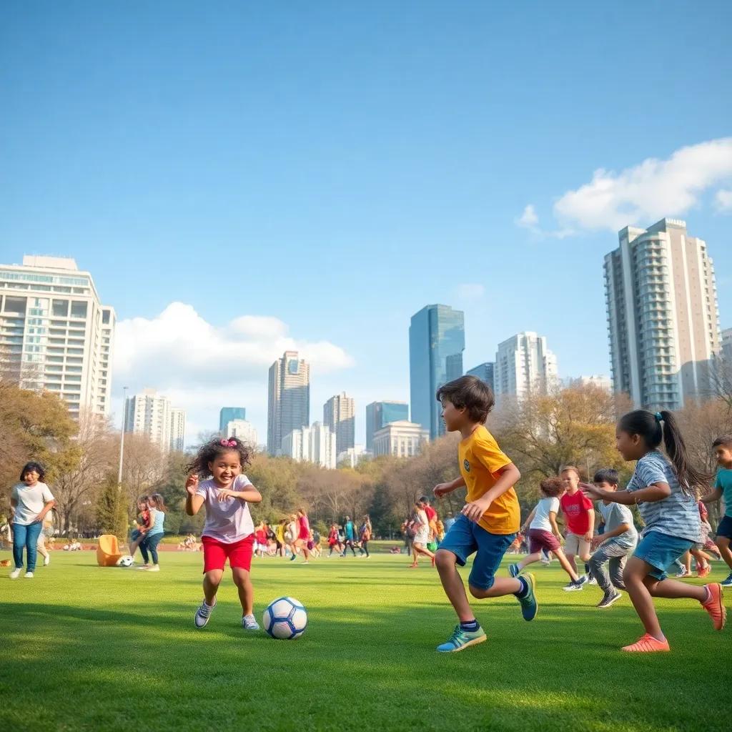A large park in the city filled with happy children playing sports, like soccer, laughter filling the air, vibrant colors, joyful atmosphere, digital art, high quality