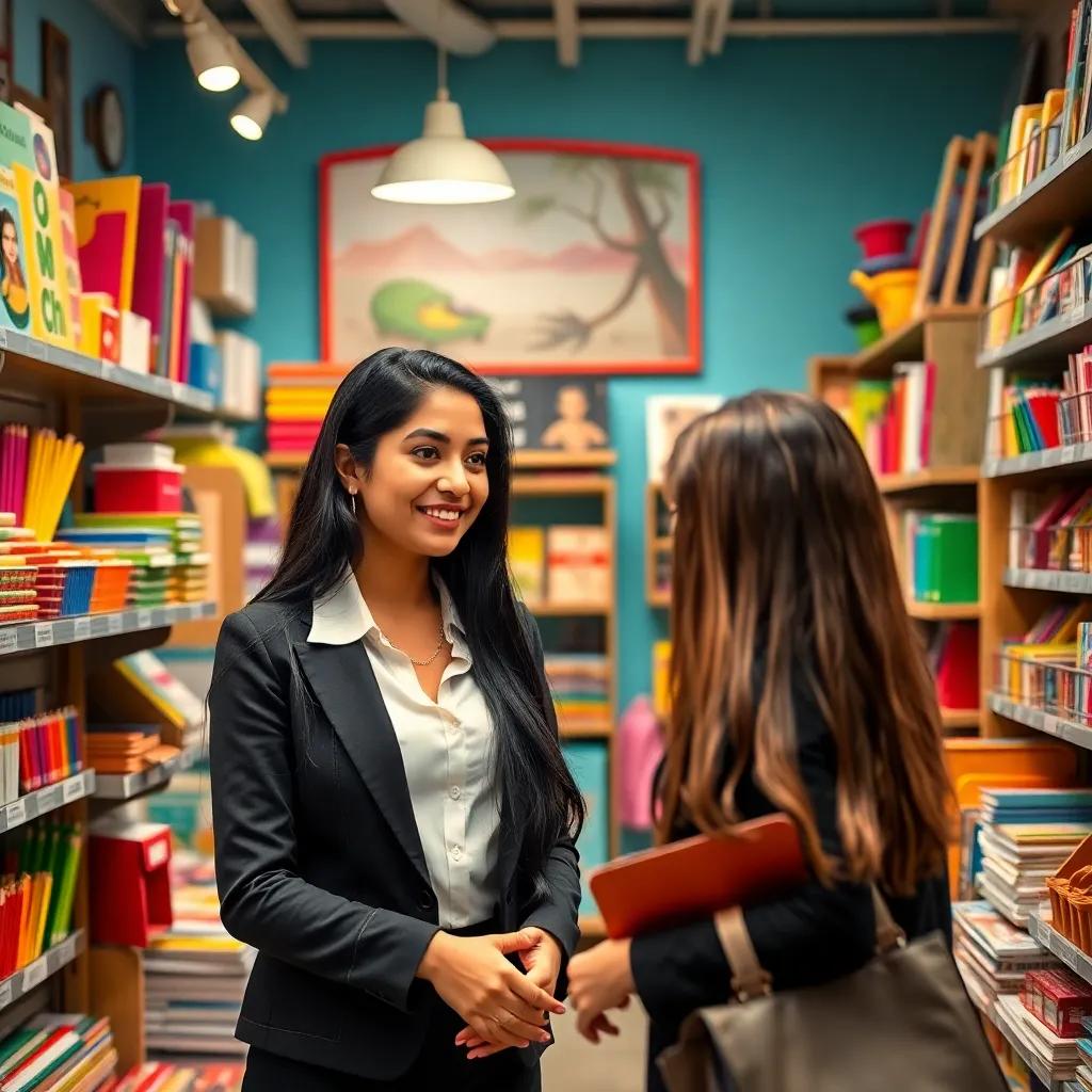 A friendly store with colorful school supplies, a young Arab woman with long black hair wearing a professional outfit, assisting a customer, welcoming environment, bright lights, cheerful atmosphere, high quality