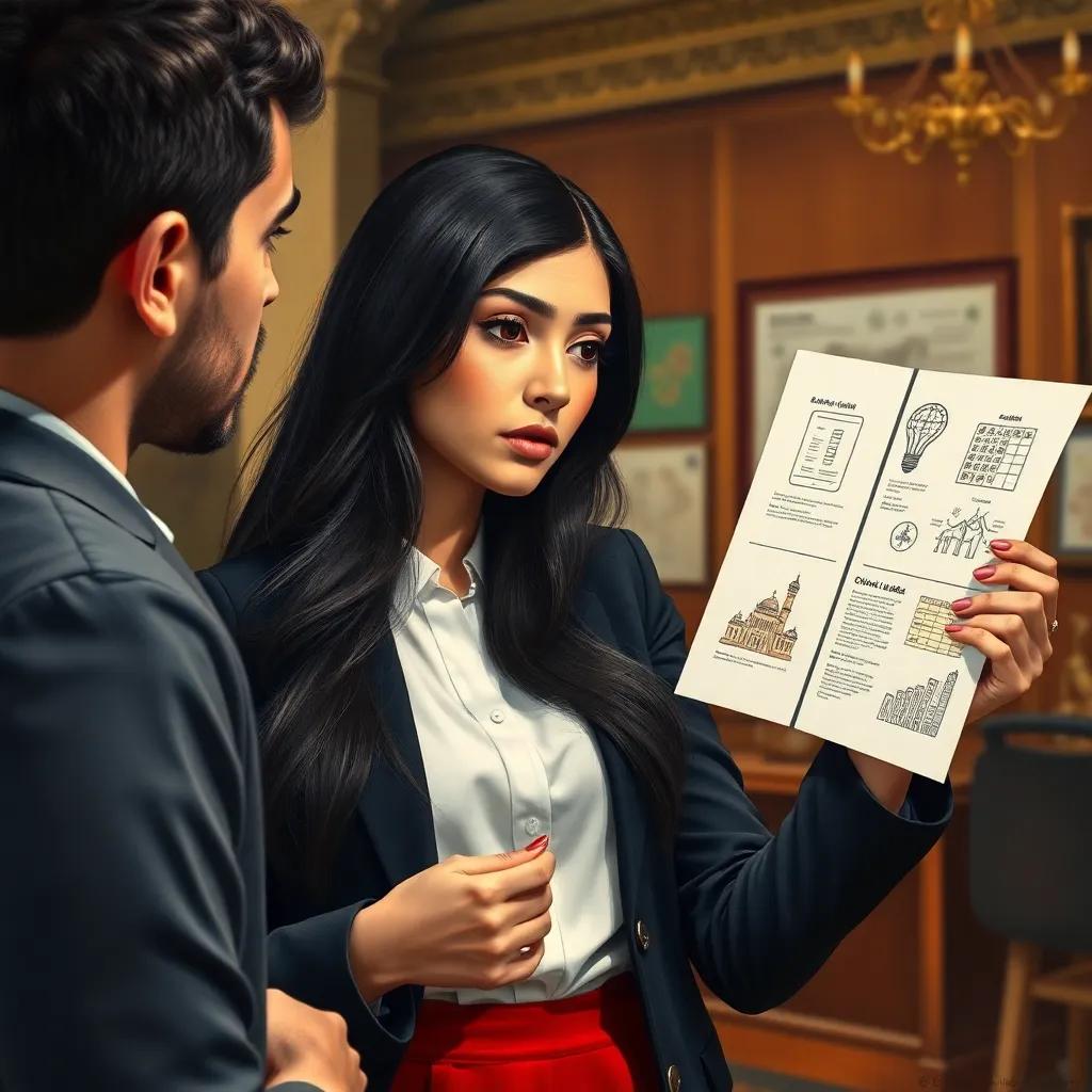 A young Arab woman with long black hair in a professional outfit, showing different school model ideas to a worried customer, vibrant colors, detailed, engaging scene, warm lighting, high quality
