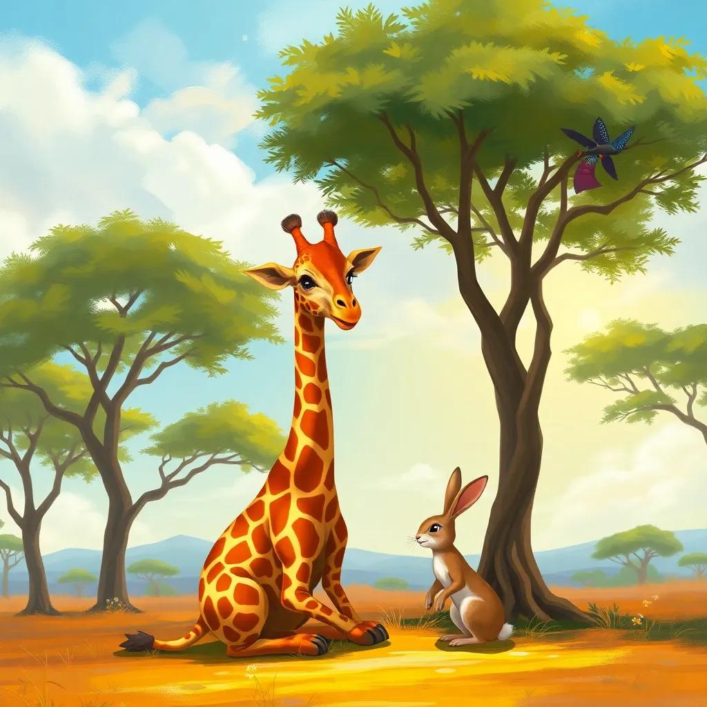 A sunny day in the African savanna, with a tall giraffe and a small, agile rabbit sitting under a big tree, chatting together, digital art, vibrant colors, bright atmosphere, cheerful scene
